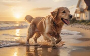 A golden retriever happily running on a sandy beach at the Baltic Sea, splashing through shallow water, with a blurred background of a traditional German beach house, soft golden sunset lighting, hyperrealistic, no text