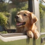 A golden retriever happily looks out the window of a moving campervan, enjoying the breeze. Lush green landscape visible outside, sunny day, warm lighting, depth of field, motion blur on the roadside vegetation, hyperrealistic details, no text.