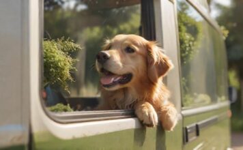 Mit dem Hund im Wohnmobil: Tipps für den Campingurlaub! A golden retriever happily looks out the window of a moving campervan, enjoying the breeze. Lush green landscape visible outside, sunny day, warm lighting, depth of field, motion blur on the roadside vegetation, hyperrealistic details, no text.