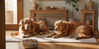 A golden retriever dog and a ginger cat sitting together peacefully in a sunlit room, surrounded by eco-friendly pet supplies. Wooden toys, ceramic bowls, and plant-based cat litter. Photorealistic, warm lighting, depth of field.