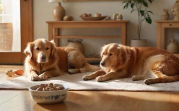A golden retriever dog and a ginger cat sitting together peacefully in a sunlit room, surrounded by eco-friendly pet supplies. Wooden toys, ceramic bowls, and plant-based cat litter. Photorealistic, warm lighting, depth of field.