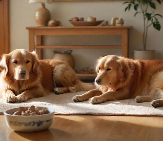 A golden retriever dog and a ginger cat sitting together peacefully in a sunlit room, surrounded by eco-friendly pet supplies. Wooden toys, ceramic bowls, and plant-based cat litter. Photorealistic, warm lighting, depth of field.