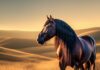 Hyperrealistic Friesian horse standing majestically in a sunlit meadow at golden hour. Intricate fur details, visible muscles, rolling hills backdrop, soft warm natural lighting, photorealistic, no text.