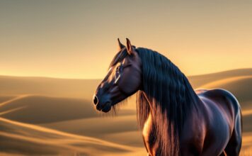 Pferde zeichnen lernen: Vom Huf bis zur Mähne! Hyperrealistic Friesian horse standing majestically in a sunlit meadow at golden hour. Intricate fur details, visible muscles, rolling hills backdrop, soft warm natural lighting, photorealistic, no text.