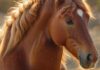 Pferdeverhalten verstehen: So lesen Sie die Signale Ihres Pferdes! A close-up, hyperrealistic shot of a brown horse's face in a sunny field. Soft, golden light highlights its gentle eyes and relaxed ears. Detailed textures of the horse's mane and coat, with a blurred background of green pastures. No text.
