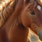 A close-up, hyperrealistic shot of a brown horse's face in a sunny field. Soft, golden light highlights its gentle eyes and relaxed ears. Detailed textures of the horse's mane and coat, with a blurred background of green pastures. No text.