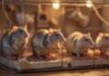 Hyperrealistic scene of several domesticated rats in a spacious, multi-tiered wire cage. Cage includes hammocks, wooden chew toys, ropes, and food bowls. Warm, soft lighting, shallow depth of field focusing on the rats. No text.