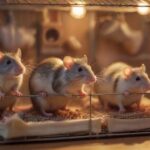 Rattenhaltung: So werden die intelligenten Nager zahm & glücklich! Hyperrealistic scene of several domesticated rats in a spacious, multi-tiered wire cage. Cage includes hammocks, wooden chew toys, ropes, and food bowls. Warm, soft lighting, shallow depth of field focusing on the rats. No text.