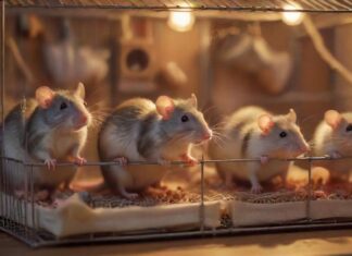 Rattenhaltung: So werden die intelligenten Nager zahm & glücklich! Hyperrealistic scene of several domesticated rats in a spacious, multi-tiered wire cage. Cage includes hammocks, wooden chew toys, ropes, and food bowls. Warm, soft lighting, shallow depth of field focusing on the rats. No text.
