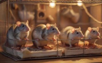 Rattenhaltung: So werden die intelligenten Nager zahm & glücklich! Hyperrealistic scene of several domesticated rats in a spacious, multi-tiered wire cage. Cage includes hammocks, wooden chew toys, ropes, and food bowls. Warm, soft lighting, shallow depth of field focusing on the rats. No text.