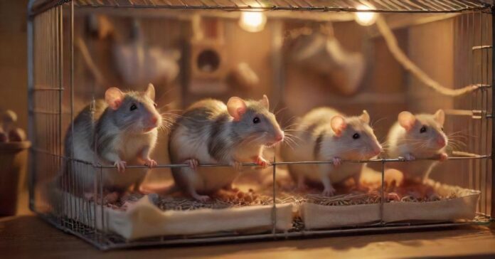 Hyperrealistic scene of several domesticated rats in a spacious, multi-tiered wire cage. Cage includes hammocks, wooden chew toys, ropes, and food bowls. Warm, soft lighting, shallow depth of field focusing on the rats. No text.