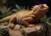 A hyperrealistic close-up of a bearded dragon perched on a rock in a terrarium, sunbathing under a warm UVB light. Detailed scales, vibrant colors, sandy substrate, and realistic desert plants in the background, avoid any text.