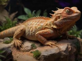 A hyperrealistic close-up of a bearded dragon perched on a rock in a terrarium, sunbathing under a warm UVB light. Detailed scales, vibrant colors, sandy substrate, and realistic desert plants in the background, avoid any text.