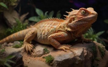 Reptilienhaltung für Anfänger: So geht’s artgerecht! A hyperrealistic close-up of a bearded dragon perched on a rock in a terrarium, sunbathing under a warm UVB light. Detailed scales, vibrant colors, sandy substrate, and realistic desert plants in the background, avoid any text.