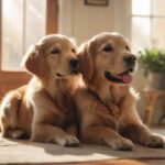 Tieradoption: Ein neues Zuhause schenken! A photorealistic image of a family happily welcoming their newly adopted dog. Golden retriever puppy in a cozy living room, sunlight streaming through window, soft focus, depth of field, hyperrealistic textures and lighting, no text.