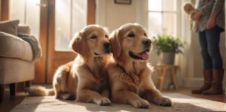 A photorealistic image of a family happily welcoming their newly adopted dog. Golden retriever puppy in a cozy living room, sunlight streaming through window, soft focus, depth of field, hyperrealistic textures and lighting, no text.