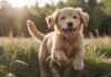 A golden retriever puppy running joyfully through a sun-drenched field of tall grass, ears flopping, tongue lolling, captured in mid-air leap, shallow depth of field, hyperrealistic, photorealistic, no text