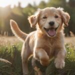 Tierfotografie: So setzen Sie Ihr Haustier perfekt in Szene! A golden retriever puppy running joyfully through a sun-drenched field of tall grass, ears flopping, tongue lolling, captured in mid-air leap, shallow depth of field, hyperrealistic, photorealistic, no text