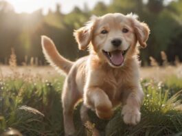 A golden retriever puppy running joyfully through a sun-drenched field of tall grass, ears flopping, tongue lolling, captured in mid-air leap, shallow depth of field, hyperrealistic, photorealistic, no text