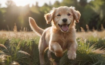 A golden retriever puppy running joyfully through a sun-drenched field of tall grass, ears flopping, tongue lolling, captured in mid-air leap, shallow depth of field, hyperrealistic, photorealistic, no text