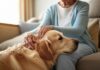 Hyperrealistic close-up: Gentle hand stroking golden retriever therapy dog fur. Dog's head resting on elderly woman's lap in sunlit living room. Woman looking down with a soft, loving smile. Warm, comforting light. Shallow depth of field, bokeh. Photorealistic, no text, artifact-free.