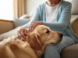Hyperrealistic close-up: Gentle hand stroking golden retriever therapy dog fur. Dog's head resting on elderly woman's lap in sunlit living room. Woman looking down with a soft, loving smile. Warm, comforting light. Shallow depth of field, bokeh. Photorealistic, no text, artifact-free.