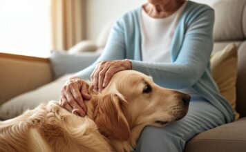 Tiergestützte Intervention: Wenn Tiere heilen helfen! Hyperrealistic close-up: Gentle hand stroking golden retriever therapy dog fur. Dog's head resting on elderly woman's lap in sunlit living room. Woman looking down with a soft, loving smile. Warm, comforting light. Shallow depth of field, bokeh. Photorealistic, no text, artifact-free.