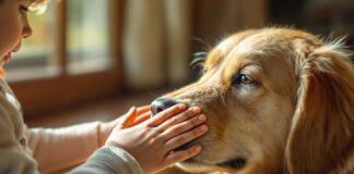 Hyperrealistic image. Close-up on a young child's hands gently stroking the soft fur of a calm, golden retriever. Soft, natural sunlight illuminates the scene from a window. Focus on the textures of fur and skin, and the gentle, trusting interaction between child and dog. Warm, inviting atmosphere. No text in image.