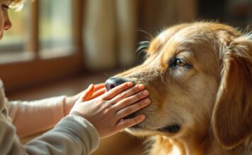 Hyperrealistic image. Close-up on a young child's hands gently stroking the soft fur of a calm, golden retriever. Soft, natural sunlight illuminates the scene from a window. Focus on the textures of fur and skin, and the gentle, trusting interaction between child and dog. Warm, inviting atmosphere. No text in image.
