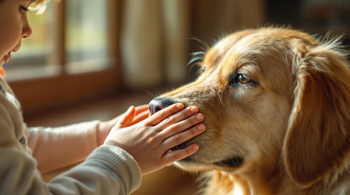 Hyperrealistic image. Close-up on a young child's hands gently stroking the soft fur of a calm, golden retriever. Soft, natural sunlight illuminates the scene from a window. Focus on the textures of fur and skin, and the gentle, trusting interaction between child and dog. Warm, inviting atmosphere. No text in image.