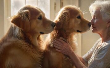A golden retriever therapy dog is gently nuzzling an elderly woman's hand in a sunlit room, soft focus on their connection, natural light streaming through a nearby window, creating a warm and peaceful atmosphere, hyperrealistic textures on the dog's fur and woman's skin