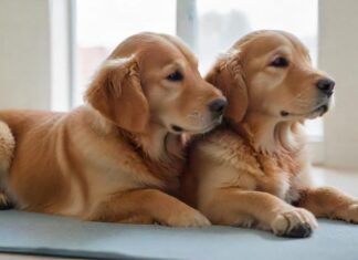 A golden retriever puppy receiving a gentle massage from a certified animal physiotherapist, soft natural light, calming environment, close-up, depth of field, focus on the relaxed expression of the dog, hyperrealistic, high-resolution, no text.