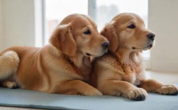 A golden retriever puppy receiving a gentle massage from a certified animal physiotherapist, soft natural light, calming environment, close-up, depth of field, focus on the relaxed expression of the dog, hyperrealistic, high-resolution, no text.
