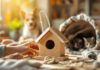 Hyperrealistic image of a cozy, sunlit home workshop. Hands craft a wooden birdhouse. In soft focus background: a dog with a rope toy, a cat exploring a fabric tunnel. Focus on wood, fabric, fur textures. Warm light, shallow depth of field. No text.