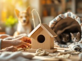 Hyperrealistic image of a cozy, sunlit home workshop. Hands craft a wooden birdhouse. In soft focus background: a dog with a rope toy, a cat exploring a fabric tunnel. Focus on wood, fabric, fur textures. Warm light, shallow depth of field. No text.