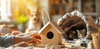 Hyperrealistic image of a cozy, sunlit home workshop. Hands craft a wooden birdhouse. In soft focus background: a dog with a rope toy, a cat exploring a fabric tunnel. Focus on wood, fabric, fur textures. Warm light, shallow depth of field. No text.