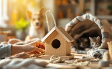 Tierische DIY-Projekte: Kreative Ideen für Hund, Katze & Co.! Hyperrealistic image of a cozy, sunlit home workshop. Hands craft a wooden birdhouse. In soft focus background: a dog with a rope toy, a cat exploring a fabric tunnel. Focus on wood, fabric, fur textures. Warm light, shallow depth of field. No text.
