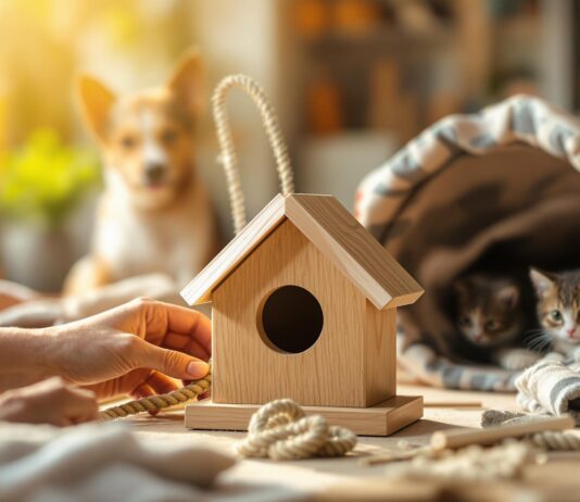 Hyperrealistic image of a cozy, sunlit home workshop. Hands craft a wooden birdhouse. In soft focus background: a dog with a rope toy, a cat exploring a fabric tunnel. Focus on wood, fabric, fur textures. Warm light, shallow depth of field. No text.
