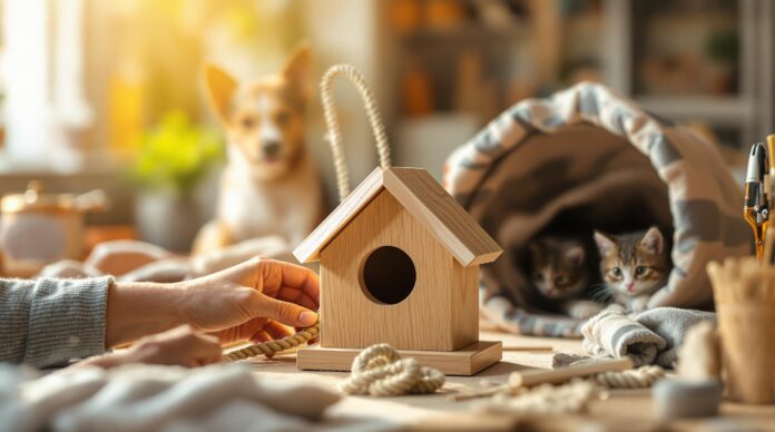 Hyperrealistic image of a cozy, sunlit home workshop. Hands craft a wooden birdhouse. In soft focus background: a dog with a rope toy, a cat exploring a fabric tunnel. Focus on wood, fabric, fur textures. Warm light, shallow depth of field. No text.