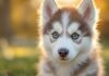 Hyperrealistic close-up of a fluffy Siberian Husky puppy with bright blue eyes, looking directly at the camera with a curious expression. Soft golden hour lighting in a sunny park, shallow depth of field, bokeh background. No text. Photorealistic, artifact-free, detailed fur texture.