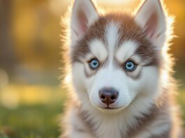 Hyperrealistic close-up of a fluffy Siberian Husky puppy with bright blue eyes, looking directly at the camera with a curious expression. Soft golden hour lighting in a sunny park, shallow depth of field, bokeh background. No text. Photorealistic, artifact-free, detailed fur texture.