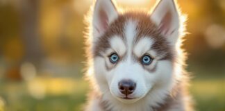 Hyperrealistic close-up of a fluffy Siberian Husky puppy with bright blue eyes, looking directly at the camera with a curious expression. Soft golden hour lighting in a sunny park, shallow depth of field, bokeh background. No text. Photorealistic, artifact-free, detailed fur texture.