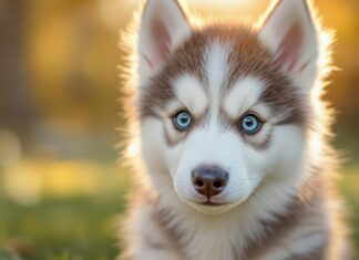 Tierische Influencer: So werden Hund, Katze & Co. zum Star! Hyperrealistic close-up of a fluffy Siberian Husky puppy with bright blue eyes, looking directly at the camera with a curious expression. Soft golden hour lighting in a sunny park, shallow depth of field, bokeh background. No text. Photorealistic, artifact-free, detailed fur texture.