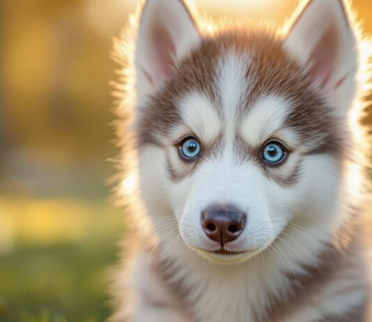 Hyperrealistic close-up of a fluffy Siberian Husky puppy with bright blue eyes, looking directly at the camera with a curious expression. Soft golden hour lighting in a sunny park, shallow depth of field, bokeh background. No text. Photorealistic, artifact-free, detailed fur texture.
