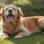 Tricks für Hunde: So bringen Sie Ihrem Hund spielerisch tolle Kunststücke bei! A golden retriever joyfully performs a 'play dead' trick on a lush green lawn, eyes closed, tongue lolling out, with a blurred background of a sunny garden. Hyperrealistic, dynamic lighting, photorealistic textures, no text.