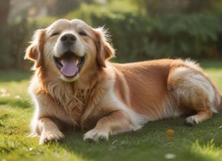 A golden retriever joyfully performs a 'play dead' trick on a lush green lawn, eyes closed, tongue lolling out, with a blurred background of a sunny garden. Hyperrealistic, dynamic lighting, photorealistic textures, no text.