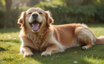 Tricks für Hunde: So bringen Sie Ihrem Hund spielerisch tolle Kunststücke bei! A golden retriever joyfully performs a 'play dead' trick on a lush green lawn, eyes closed, tongue lolling out, with a blurred background of a sunny garden. Hyperrealistic, dynamic lighting, photorealistic textures, no text.