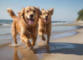 A golden retriever joyfully runs on a sandy beach, Baltic Sea, Germany. Shallow water, clear blue sky, soft sunlight, sand splashes. Hyperrealistic, photorealistic, no text, dynamic composition, depth of field.