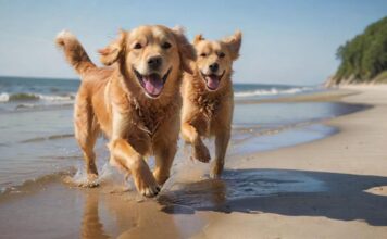 Urlaub mit Hund an der Ostsee: Die besten Tipps für entspannte Ferien! A golden retriever joyfully runs on a sandy beach, Baltic Sea, Germany. Shallow water, clear blue sky, soft sunlight, sand splashes. Hyperrealistic, photorealistic, no text, dynamic composition, depth of field.