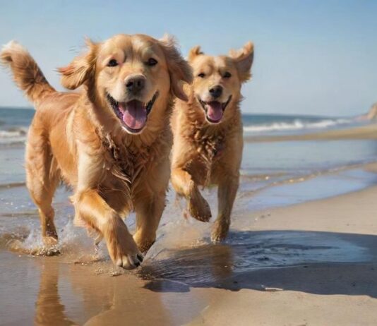 A golden retriever joyfully runs on a sandy beach, Baltic Sea, Germany. Shallow water, clear blue sky, soft sunlight, sand splashes. Hyperrealistic, photorealistic, no text, dynamic composition, depth of field.